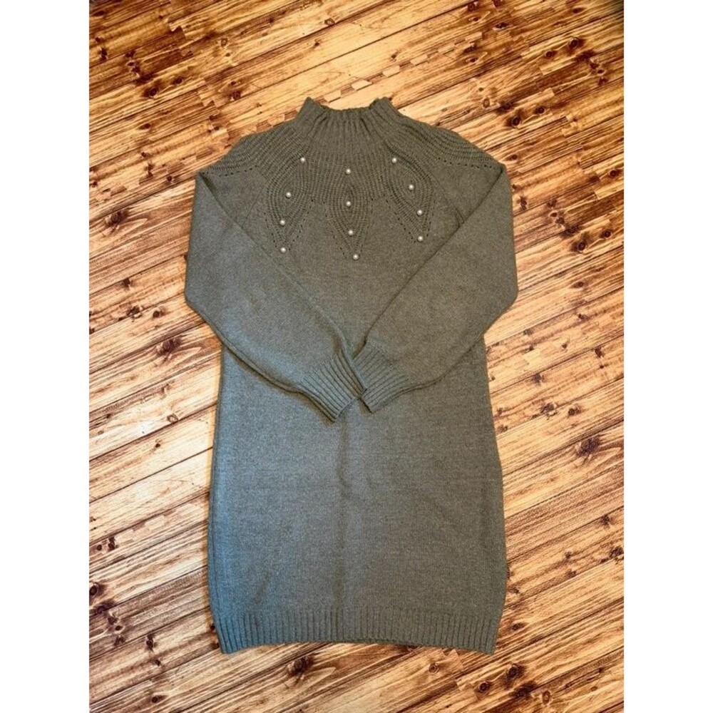Green Sweater Dress with Faux Pearl Embellishment